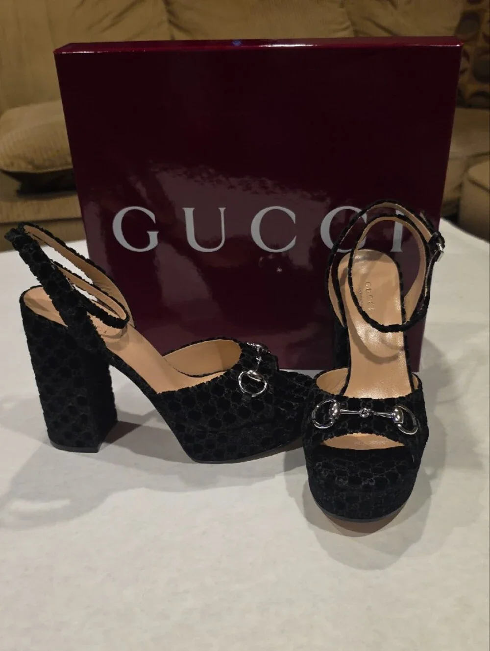Gucci Black Velvet Platform Sandals with Silver Horsebit